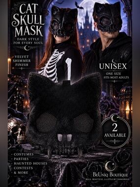 Black Velvet Shimmer Skeleton Cat Skull Mask Adult Unisex Halloween NWT